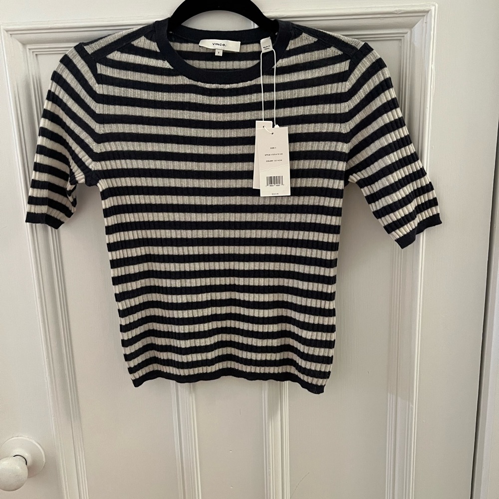 Vince cashmere blue and white striped short sleeve shirt. Size s.